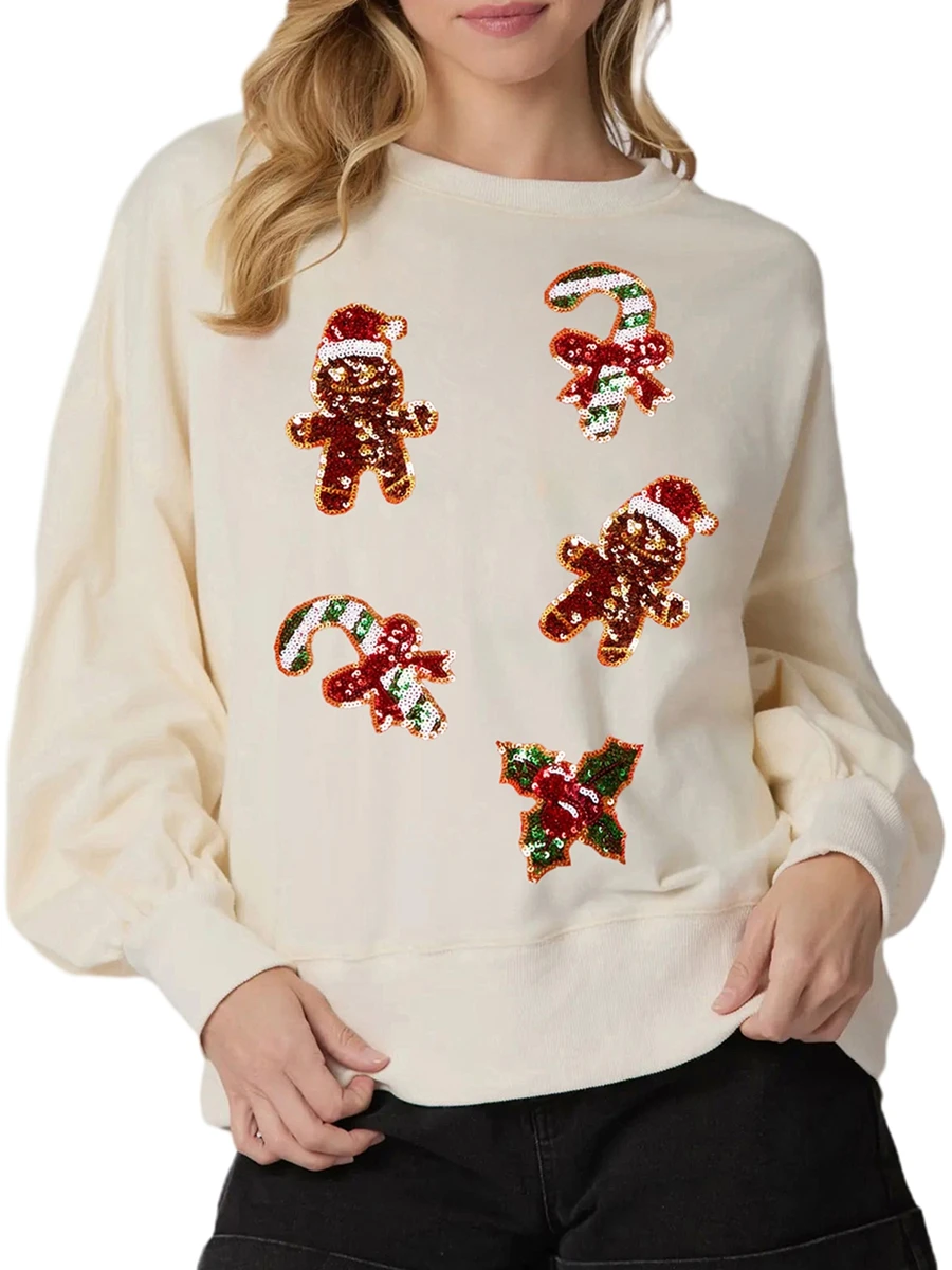 Womens Sequin Christmas Sweatshirt Gingerbread Crewneck Long Sleeve Pullover Tops Casual Streetwear