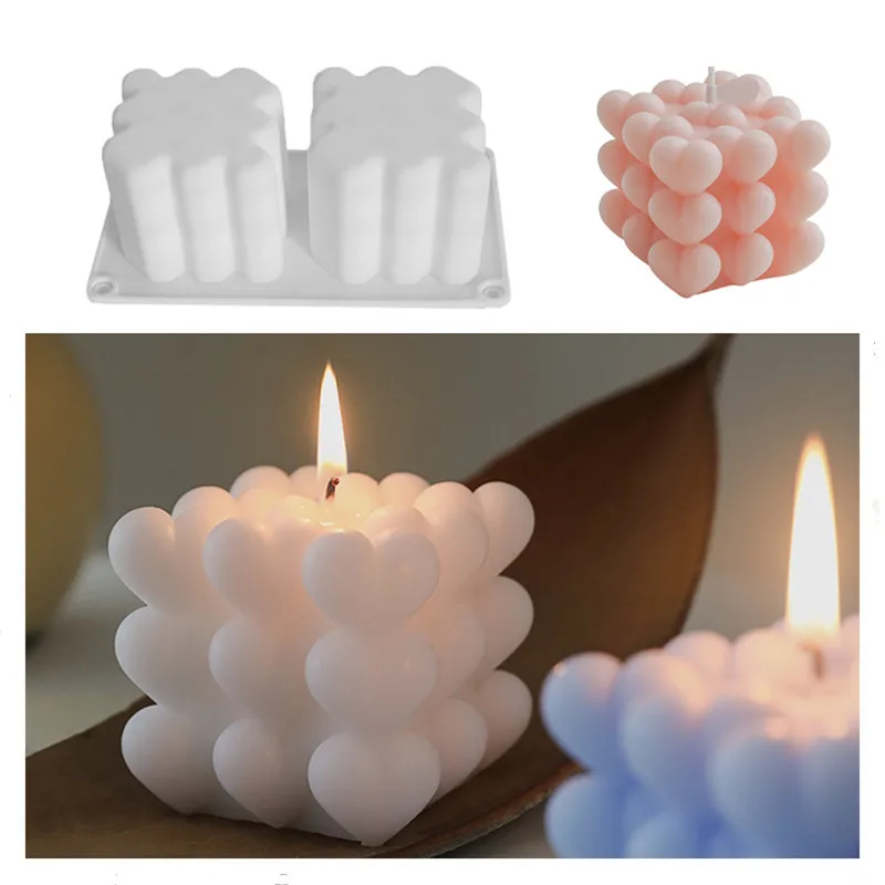 Love Heart Candle Silicone Mould Heart Bubble Cube Candle Mold DIY Candle Making Chocolate Cake Mold Valentine's Day Decoration