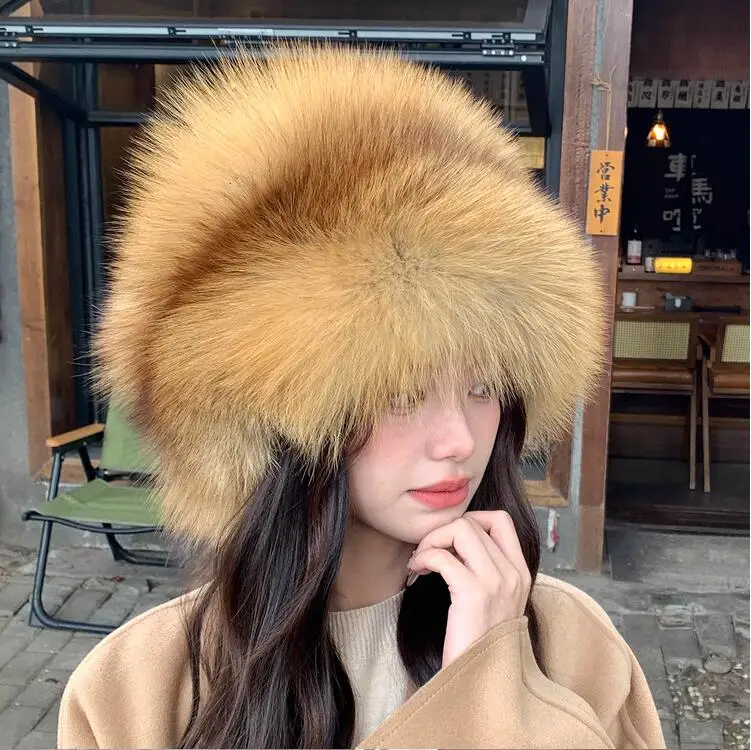 Snow Thicken Outdoor Russian Winter Cap Genuine Red Fox Fur Women Handmade Warm Fluffy Ushanka Hats