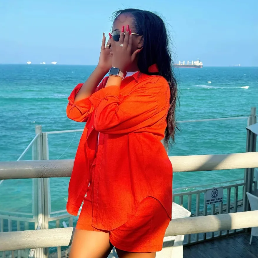 

Women Solid Short Pant Sets Two Pieces Matching Set Long Sleeves Shirt Elastic Waist Mini Lenth Pant Loose Casual 2025 Summer