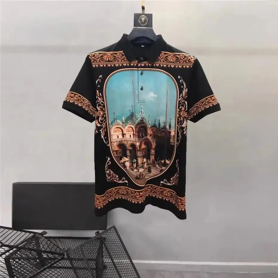 European and American men\'s 2023 summer new Lapel short sleeves fashion Palace Architecture print T-shirt