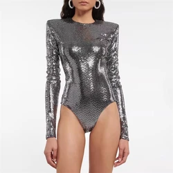 2024 Spring New Women's Round Neck Metallic Silver Sequin Long Sleeve Jumpsuit y2k Fashion Sexy Shoulder Pad Stretch Bodysuit