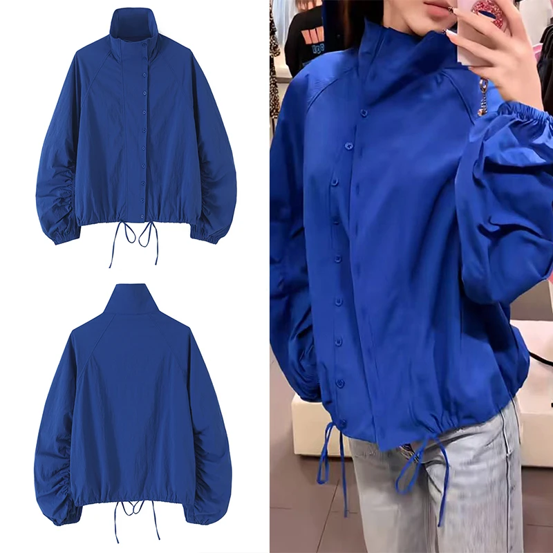 Guobioziy 2026 Autumn Women's Klein Blue Short Jacket Stand Collar Single-Breasted Pleated Cuffs Loose-Fitting Casual Coat