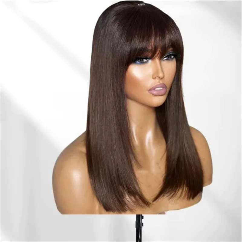 26inch 180Density Long Brown Straight Machine With Bangs For Women With Baby Hair Preplucked Daily Glueless Wear Wig