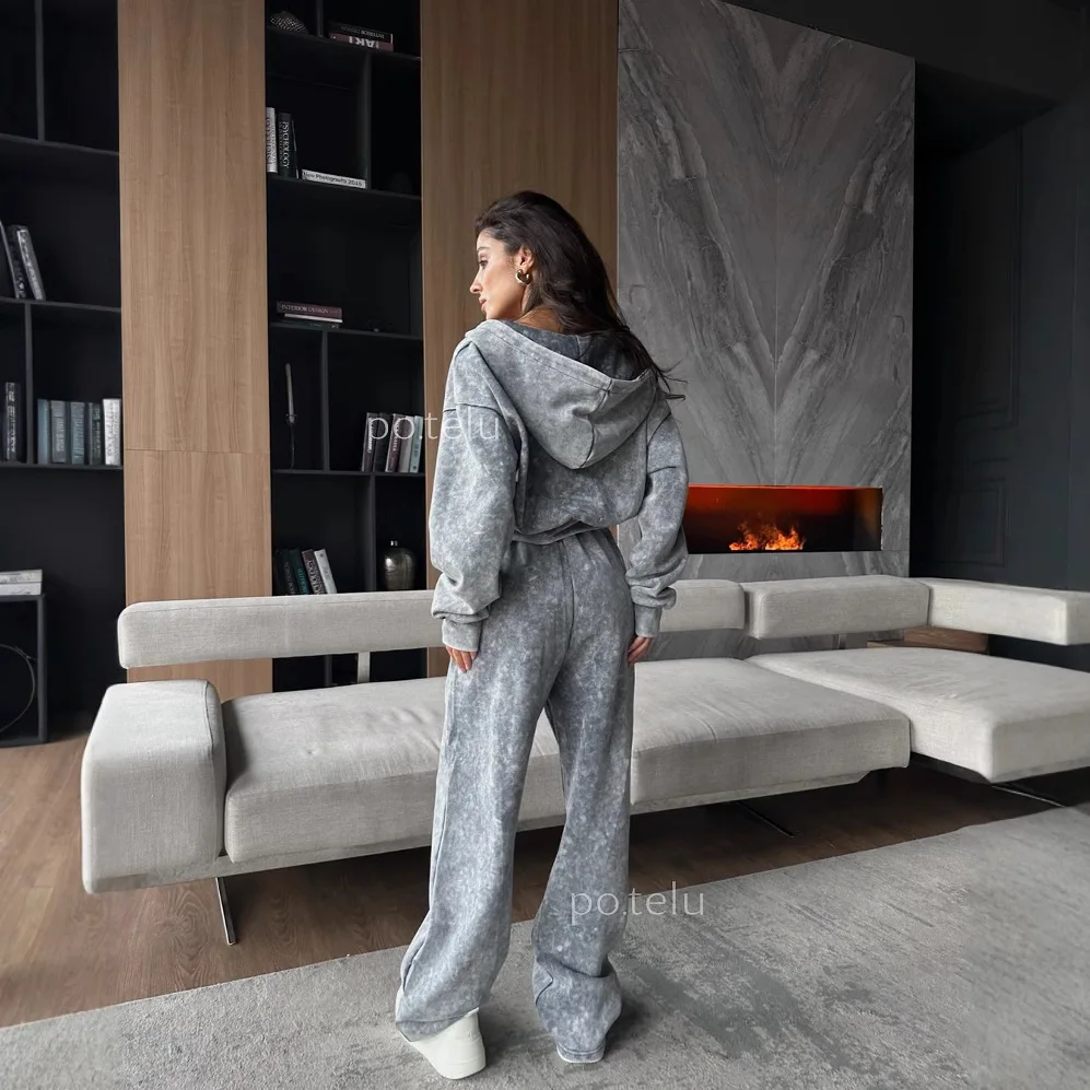 2025 مجموعة هوديي مغسولة محفورة المرأة سحاب أكمام طويلة هوديي أنبوب مستقيم عالية الخصر سراويل تقليدية