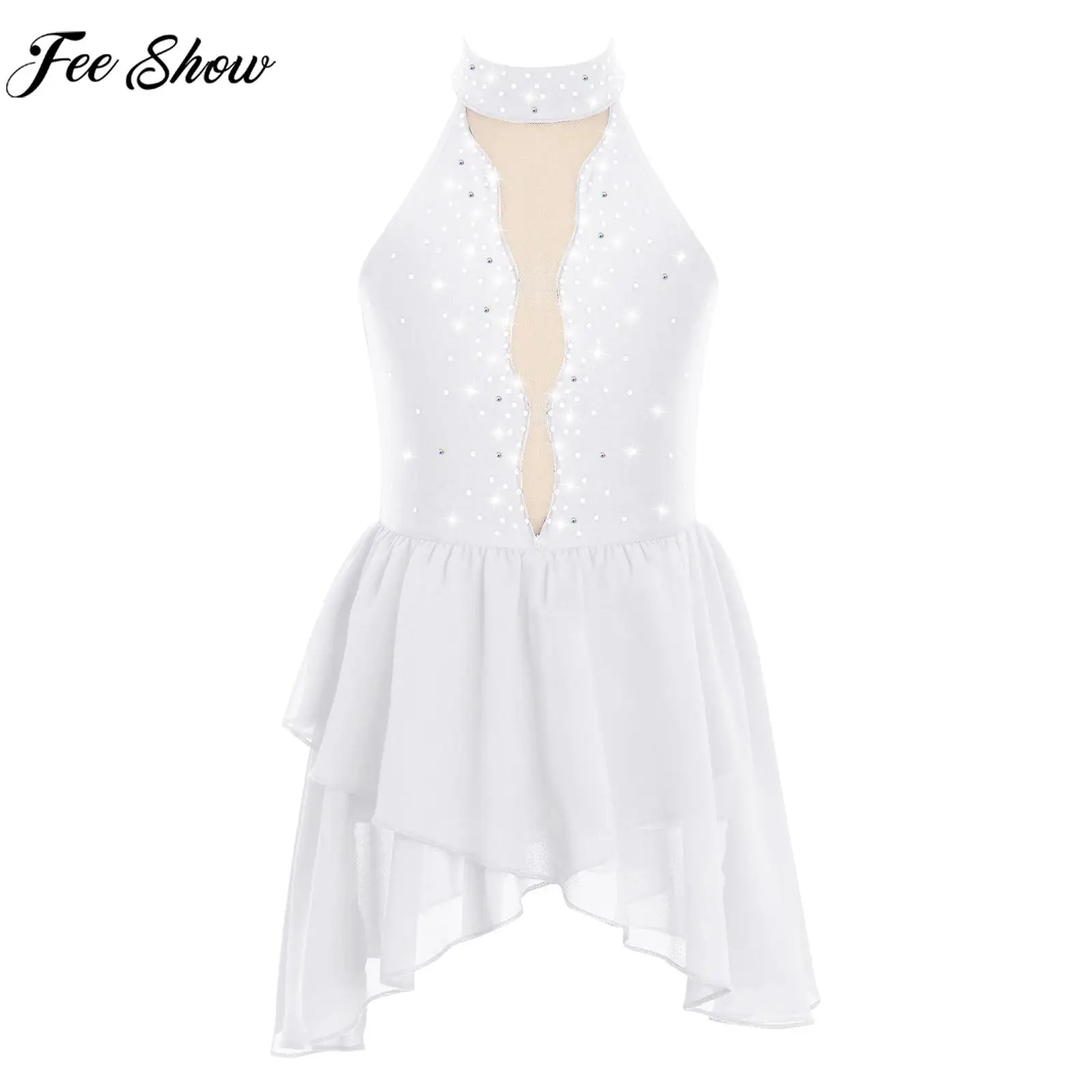 

Kids Girls Figure Skating Dress Lyrical Dance Ballet Gymnastics Costume Sleeveless Rhinestone Sheer Mesh Leotard Tutu Dancewear