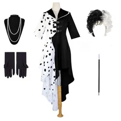 Girls Women Cruella Dress Clothes Cruella De Vil Cosplay Black White Princess Dresses Wig Necklace Halloween Purim Costumes