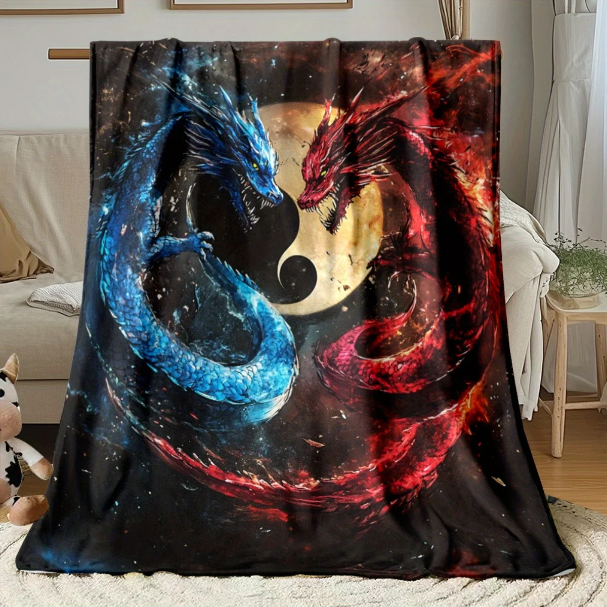 Yin Yang Dragon Moon Flannel Throw Blanket, Abstract Art Soft Blanket for Sofa Bed, All Season Home Decor, Zen Design Cozy Gift