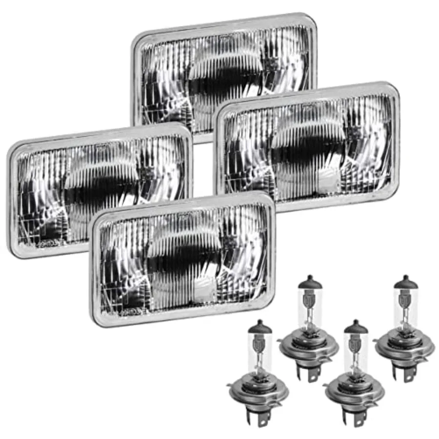 

4x6 Rectangular Plain Conversion Headlights Halogen H4 Bulb Set in Black with High Brightness and Durable Performance