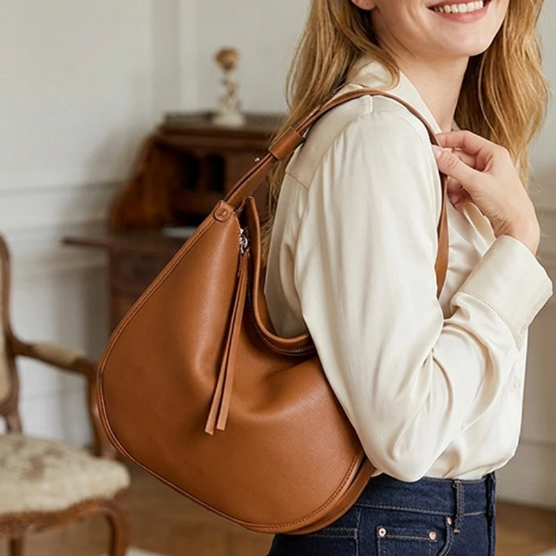 

BURMINSA Luxury Genuine Leather Underarm Hobo Bags For Women 2026 Vintage Crossbody Shoulder Purse Commuter Office Tote Handbags
