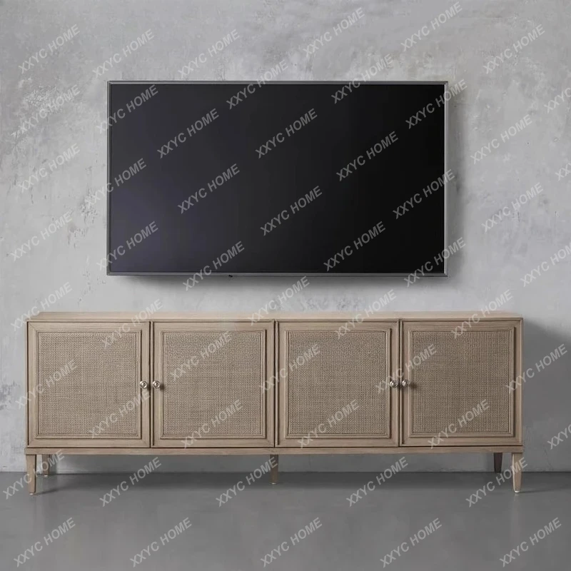 

retro solid wood TV cabinet antique rattan small apartment living room wall locker