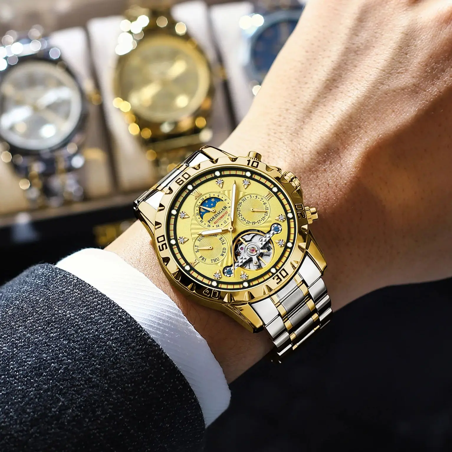 POEDAGAR الفاخرة الجوف توربيون الرجال الساعات للماء مضيئة التلقائية الميكانيكية ووتش تاريخ الأسبوع الفولاذ المقاوم للصدأ الرجال ووتش