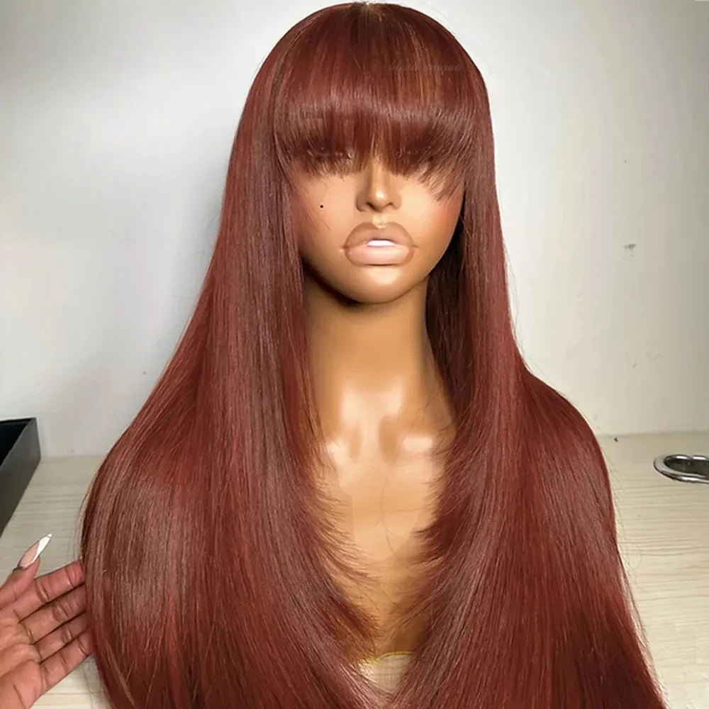 

Красновато-коричневый многослойный парик фронта шнурка с челкой Прямые кружевные фронтальные парики 13x4 Бесклеевой предварительно выщипанный парик шнурка Hd для женщин