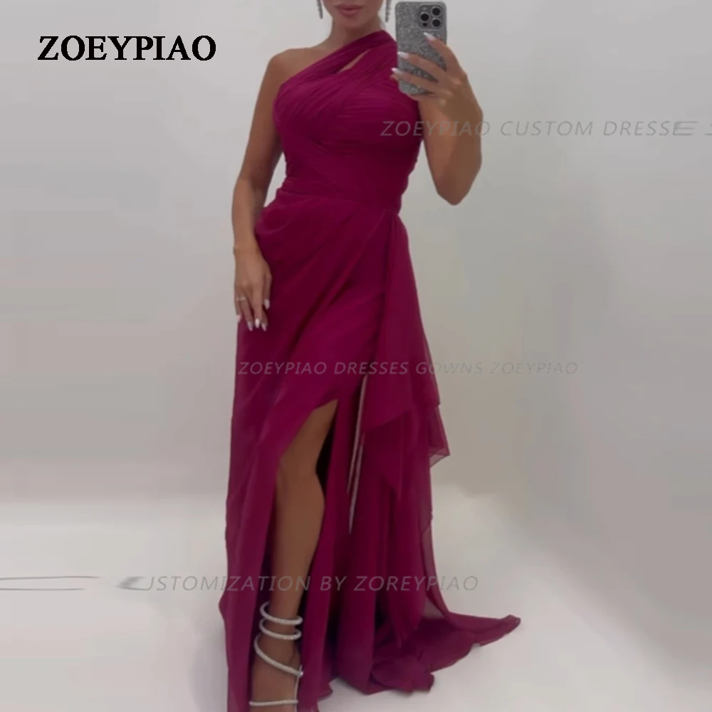 

Vintage Fuschia One Shoulder Evening Dresses Mermaid Sleeveless Chiffon Dubai Pageant Dress Saudi Arabia Celebrity Party Gowns