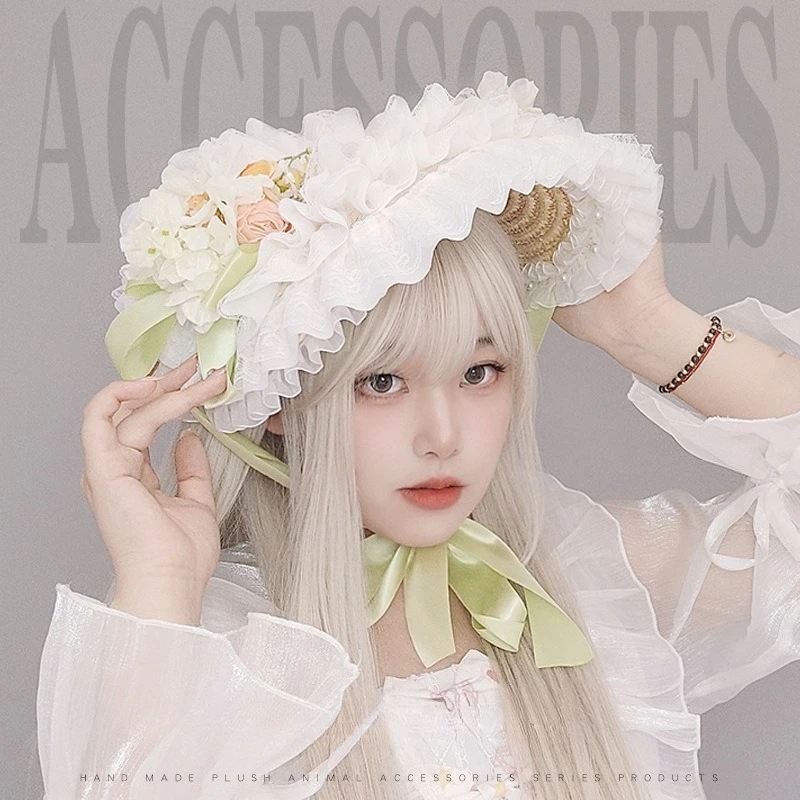 New French Rural Style Lolita Straw Hat Ribbon Bow with Strap Ribbon Flower Beach Hat Hair Accessories Ruffle Lace Flat Top Hat