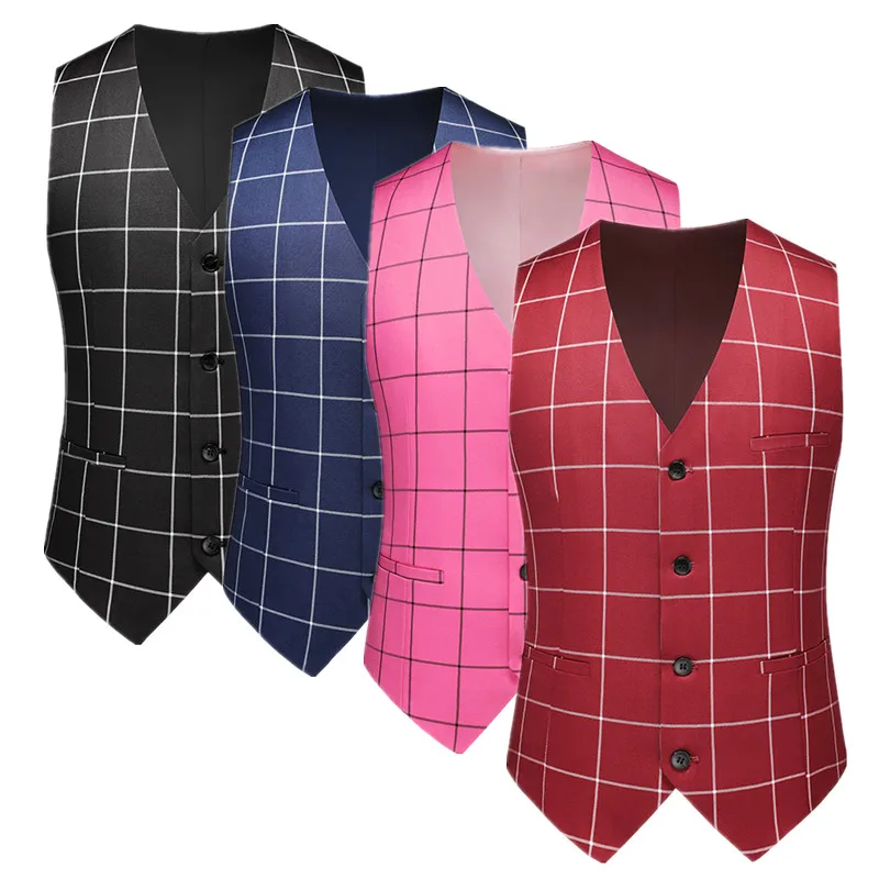 New Men Formal Business Social Plaid Suit Vest Black / White Fashion Męska prosta suknia ślubna Slim Fit Top