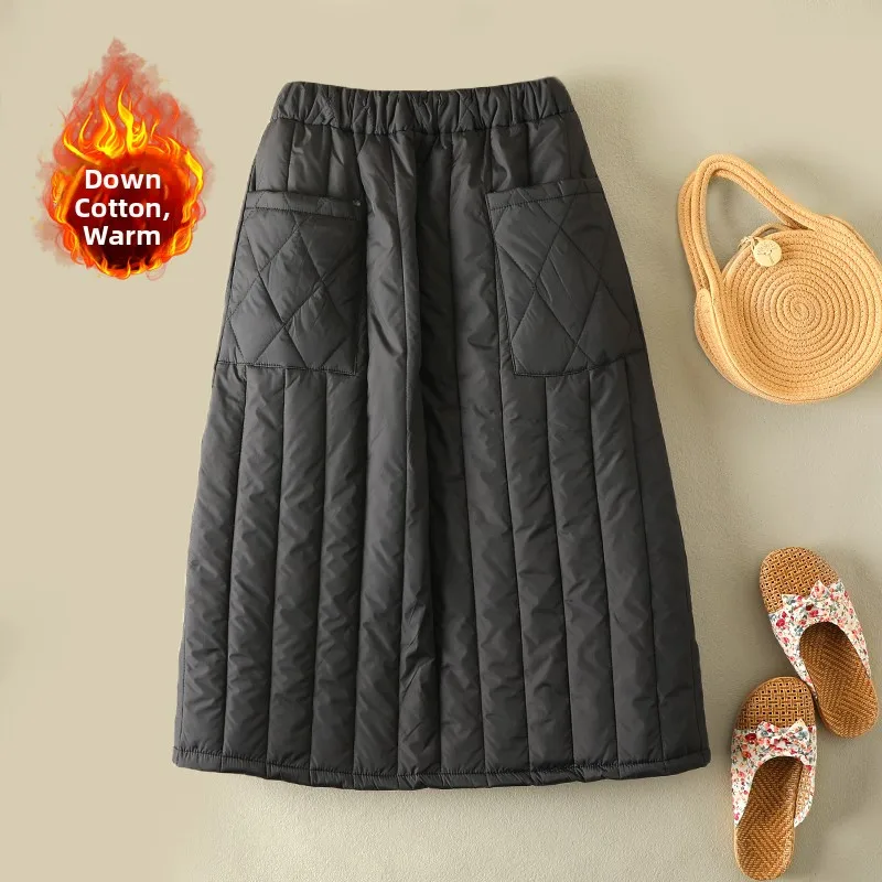 Warmth Lightweight down Cotton A-Line High Waist Midi Skirt Women Slimming Outerwear Long Dr Autumn Winter Faion Commute