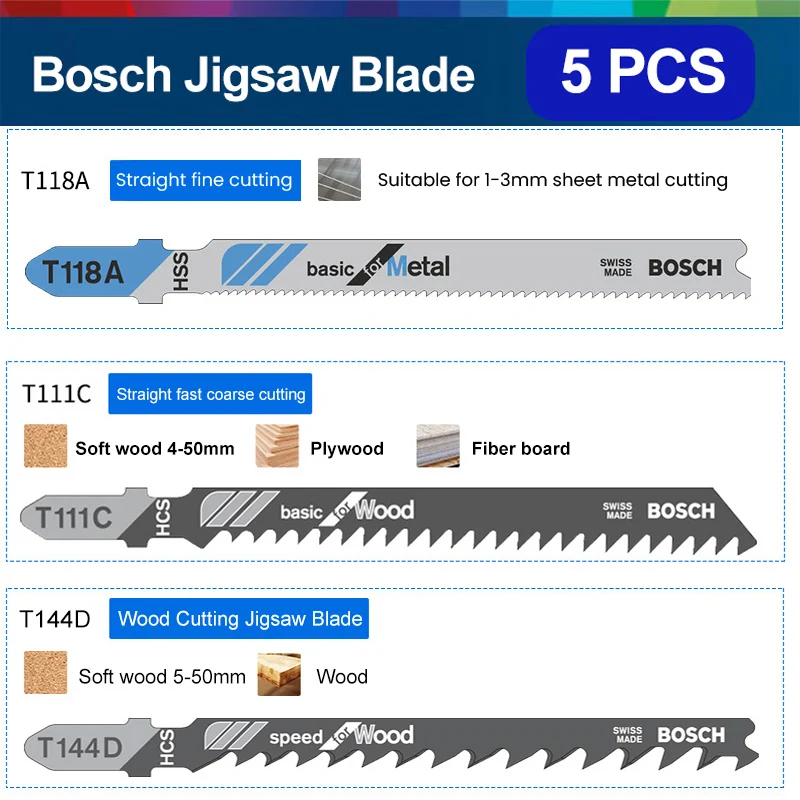 Bosch Jigsaw Blade 5Pcs Reciprocating Saw Blade Set for Chainsaw Cutting Wood Metal Electric Saw Accessories Cutting Tool