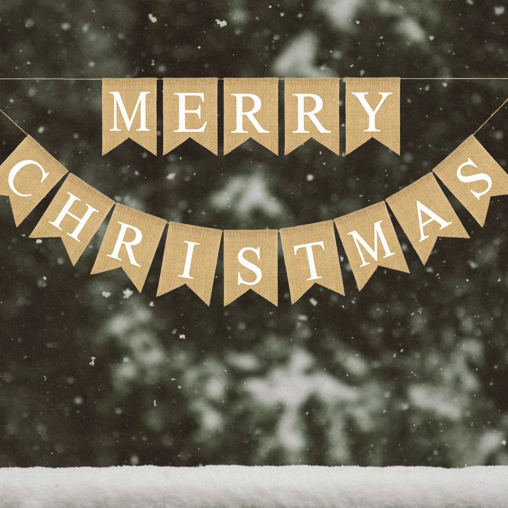 

Burlap Hanging Banner Merry Christmas Letter Bunting Swallowtail Pull Flag Christmas Party Decoration for Wall Window Door Tree
