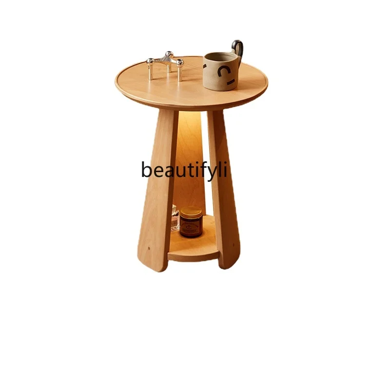 

yj Solid Wood Side Table Beech Living Room Corner Table Small Tea Table Nordic Coffee Table with Light round Tea Table