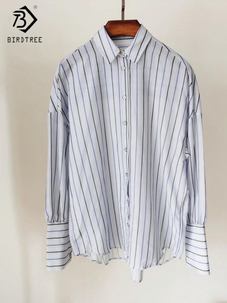 

Birdtree,30% Mulberry Silk 70% Cotton Blouse,Women's Stripe Lapel Neck Loose Tops,Single Breasted,2025 New Blue Shirt T5D305JF