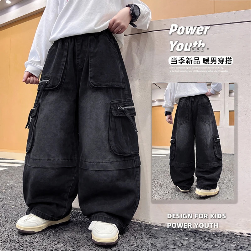American Retro Baggy Unisex Mopping Pants Multi-pocket Work Black Jeans Street Hip-hop Cargo Wide-leg Pants Baggy Dance Pants