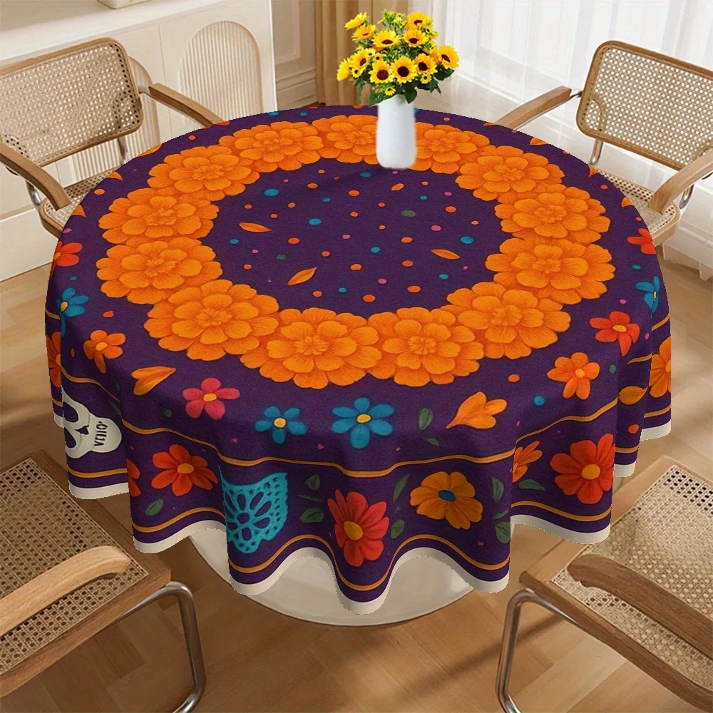 JIT 【1pc】 Halloween Marigold Pattern Round Tablecloth, suitable for home kitchen.zyc