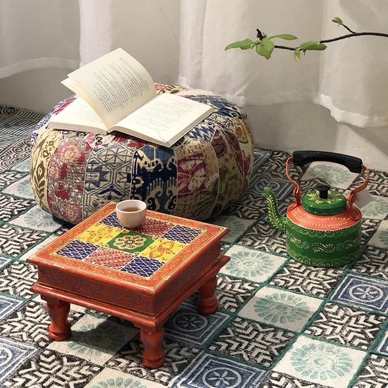 

Handmade painted small tea table in India, family tatami, bedroom, balcony, bay window, Southeast Asia mini table