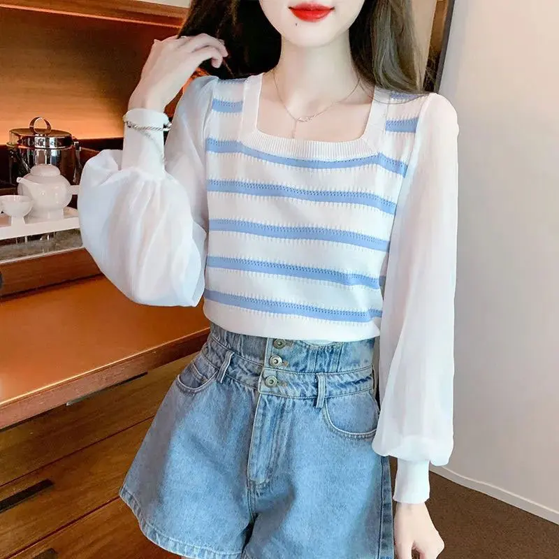 Women\'s Spring Casual Fashion Simplicity Patchwork Square Collar Long Sleeve Knitwear Women Clothes All-match Temperament Tops