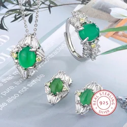 925 Silver Jewelry 3pcs Set Inlaid With Egg Face Emerald Chalcone Earrings Necklace Ring Emerald Agate Set Party Wedding Gift