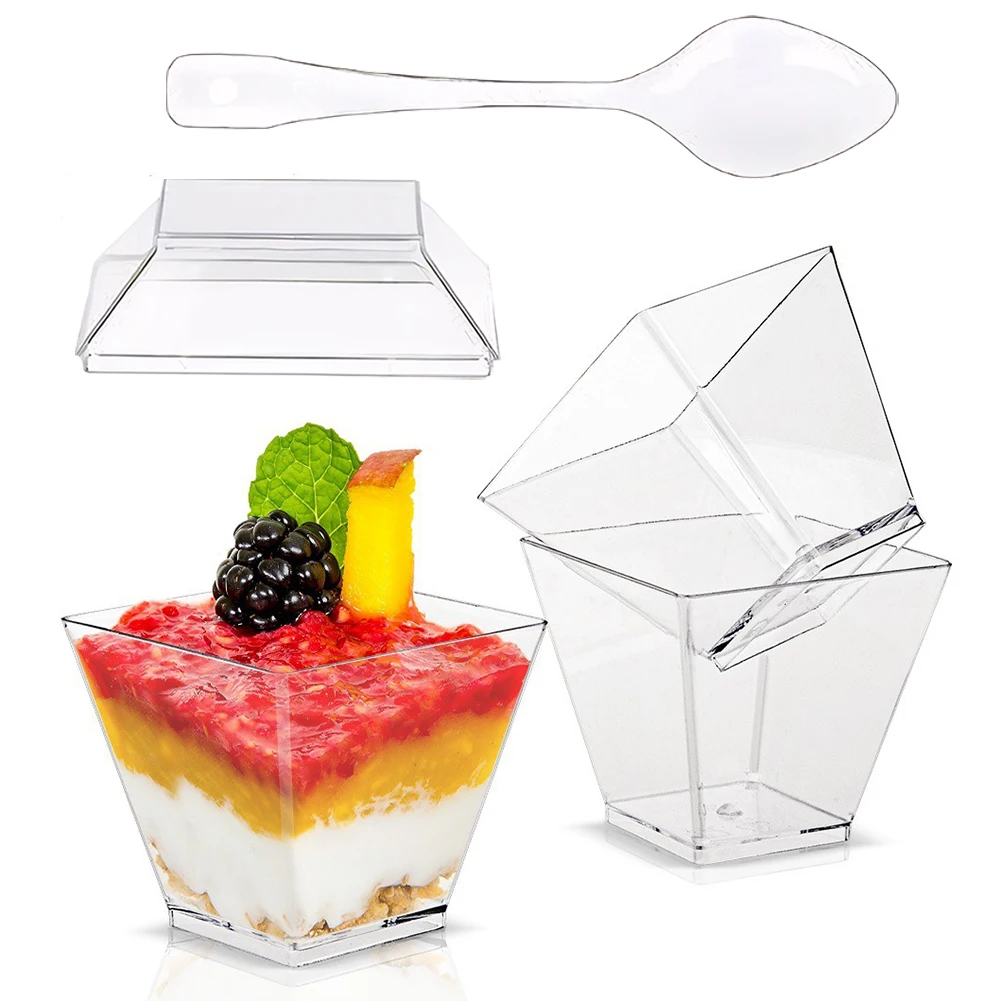

50/100 Pack 60ml Plastic Dessert Cups with Lids and Spoons Parfait Cups Square for Fruit Pudding Mousse Ice Cream Party Wedding