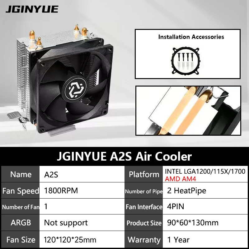 

JGINYUE Air Cooler A2S 2 Heat-Pipe CPU TDP 100 Вт Процессор для Intel ® LGA1700/115X AMD ® Розетка AM4 i3-12100F/R5-2600 не поддерживает X99