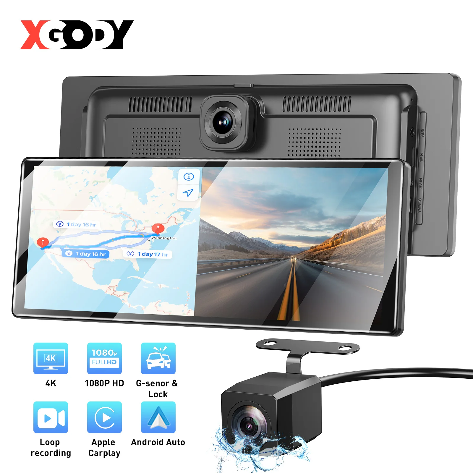 XGODY 4K HD CarPlay Dash Cam Wireless Android Car DVR Recorder Camera Front And Rear with 32GB TF Card