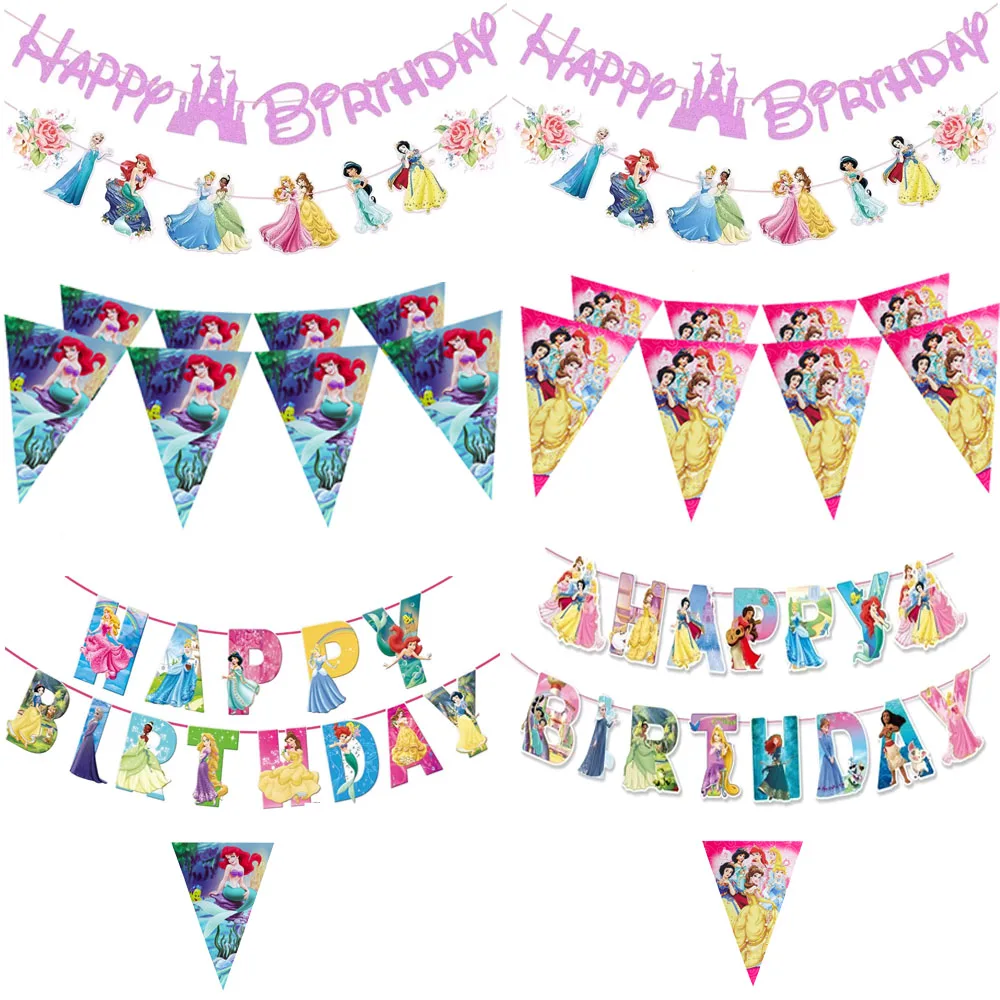 Disney Princess Birthday Letter Banner Garland Birthday Party Decoration Bunting Flag Mermaid Party Background Room Decoration