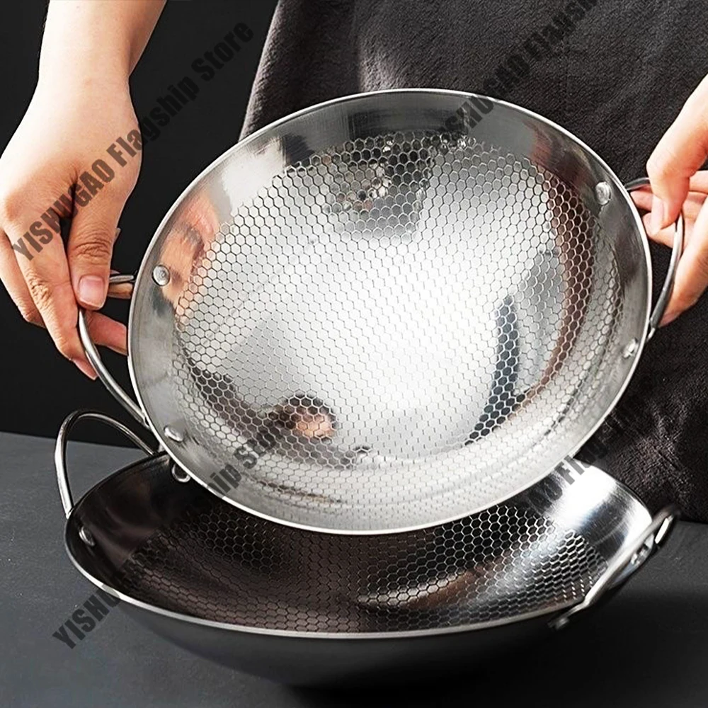 

10inch Stainless steel Frying Pan Non-Stick Wok Honeycomb skillet Home Fryer Cooking Dry pot Gas Stove Uncoated Kitchen Cookware