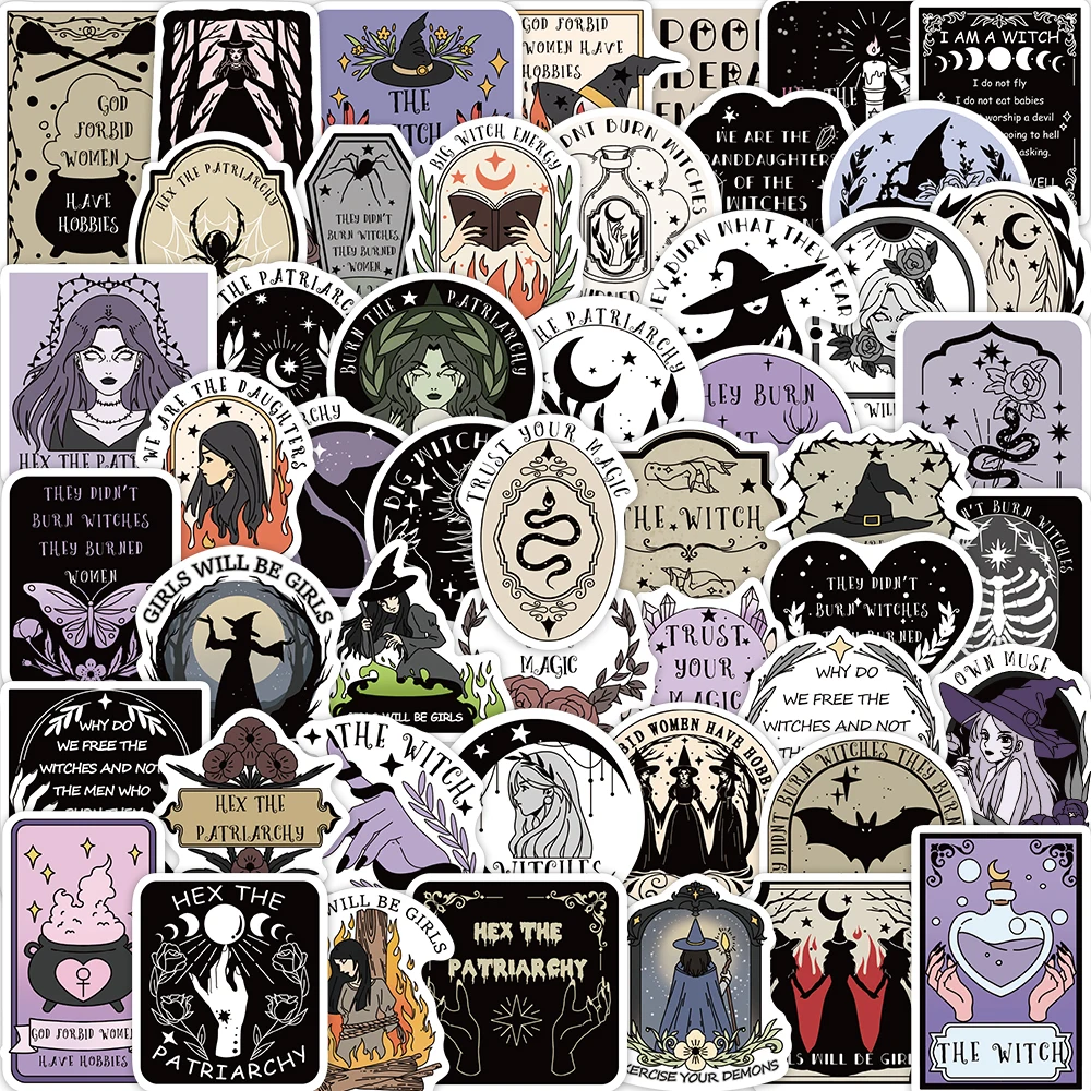 50 Stück Hexen-Feministische Gothic-Aufkleber Vintage Dunkle Mystische Mond-Hexen-Vinyl-Aufkleber Wasserdichtes Ästhetisches Aufkleber-Set für Laptop