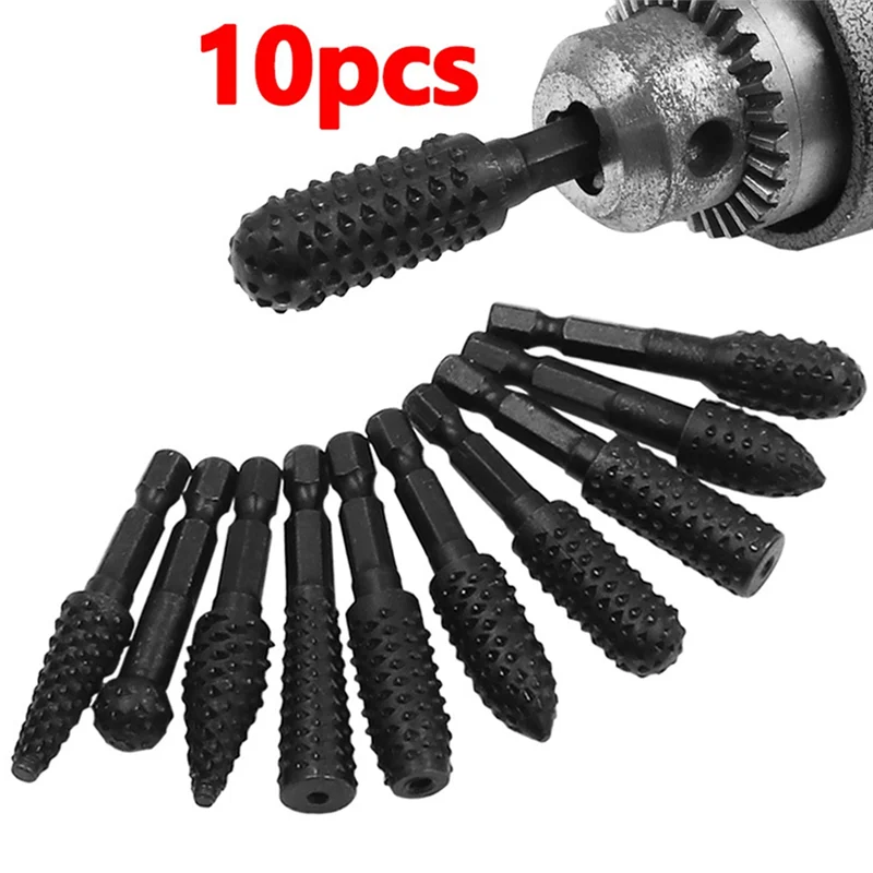 ABJO-10Pcs Rotary Rasp File Set 1/4 Inch Hex Shank Rotary Burrs For Wood Carving Durable Easy Install