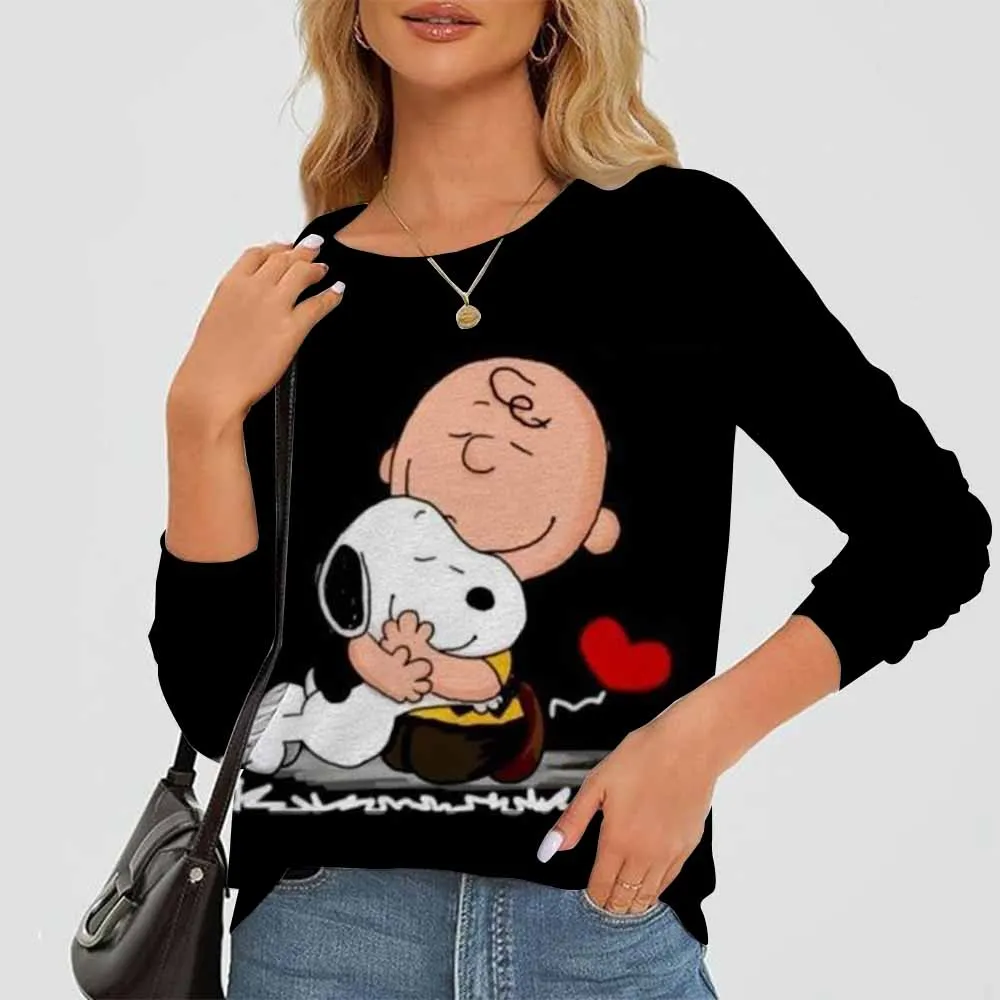 Nowy nadruk Snoopy Cartoon T Shirt kobiety estetyczny najlepsi przyjaciele graficzna koszulka Streetwear koszulka z długim rękawem topy damskie