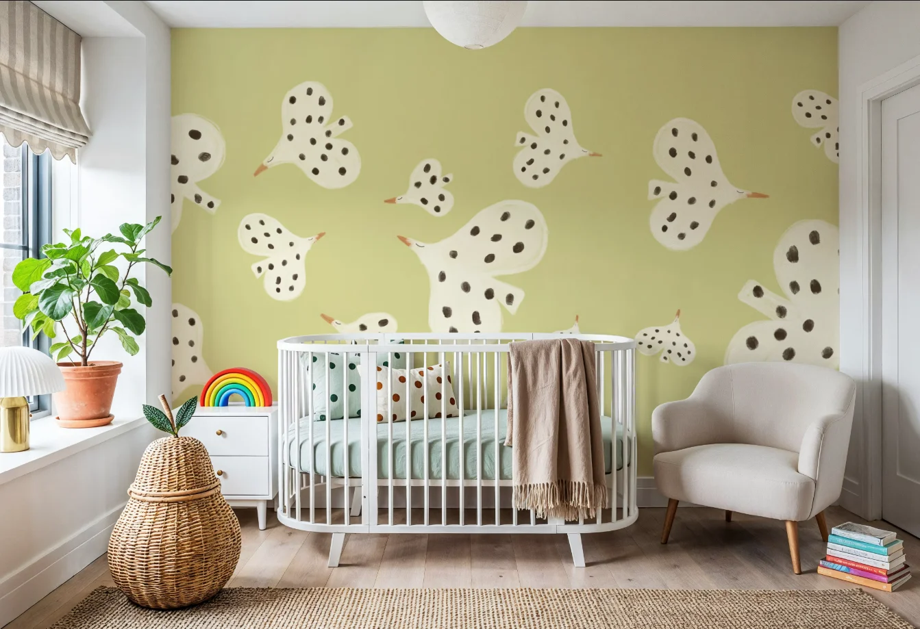 Customized size mural cartoon hand-painted swan wallpaper pink light green cream baby room flat decoration painting 3d murals