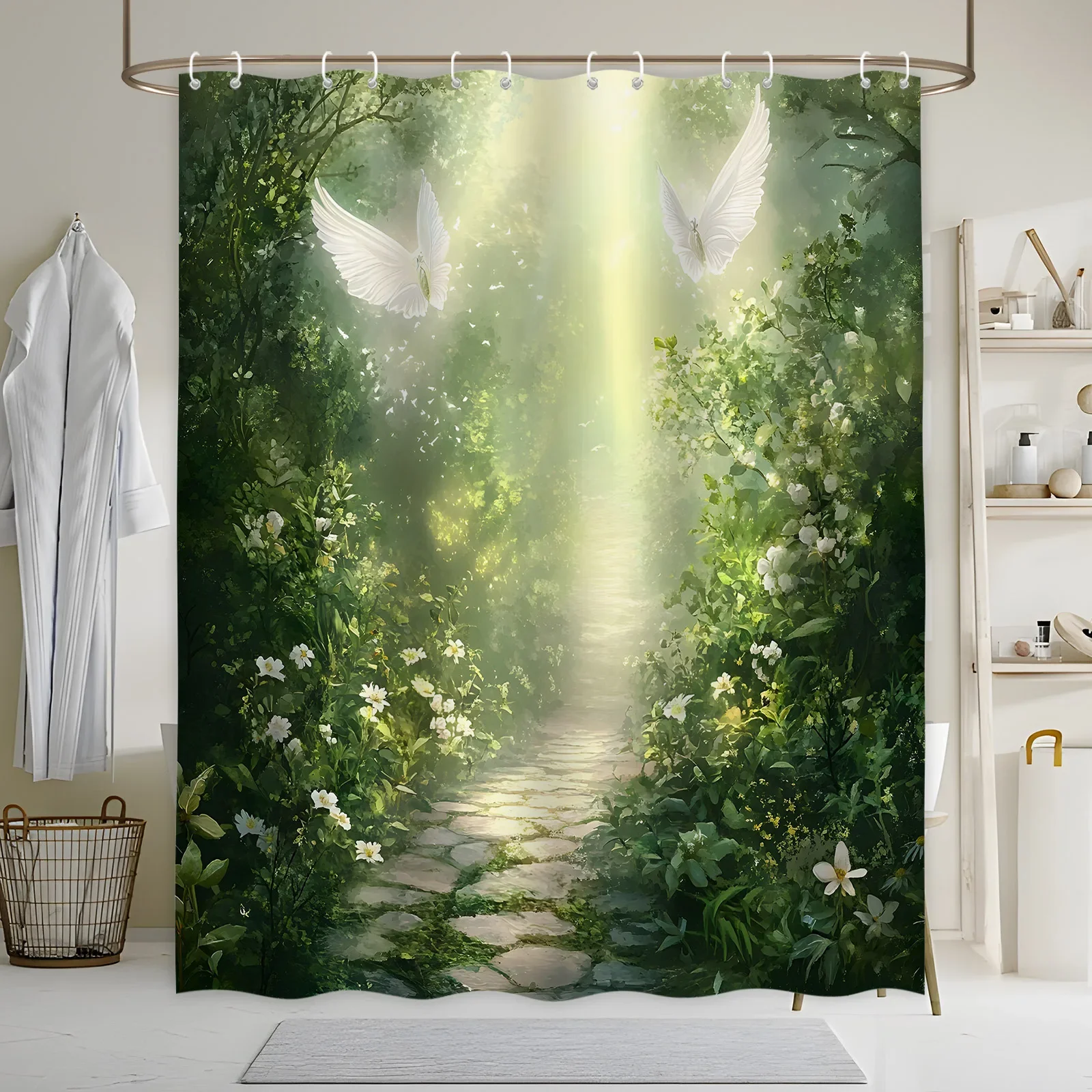 ~O~Sunlit Garden Path Bath Curtain - Ethereal Birds, Stone Path, Vibrant Flowers, Machine Washable Polyester,  Serene Bath Decor