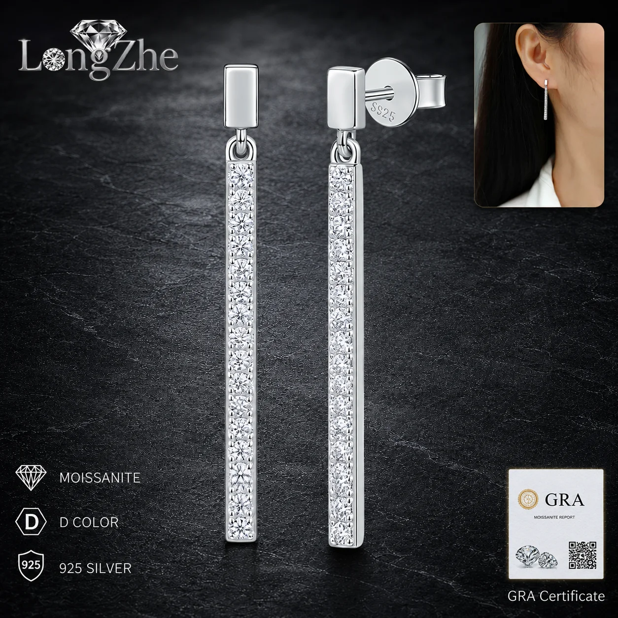 

S925 Sterling Silver Moissanite Drop Earrings 1.5mm 32 Stones Linear Pave Bar for Women Wedding Party Fine Jewelry Gift