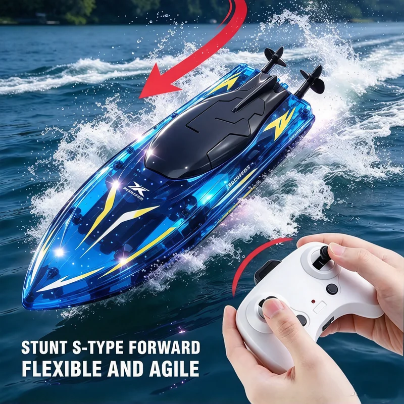 2. 4G RC High Speed Boat With Lights Remote Control Stunt Roll Ship Water Toy Model 2 Gearspeed Regulation Kids Toy Outdoor Game
