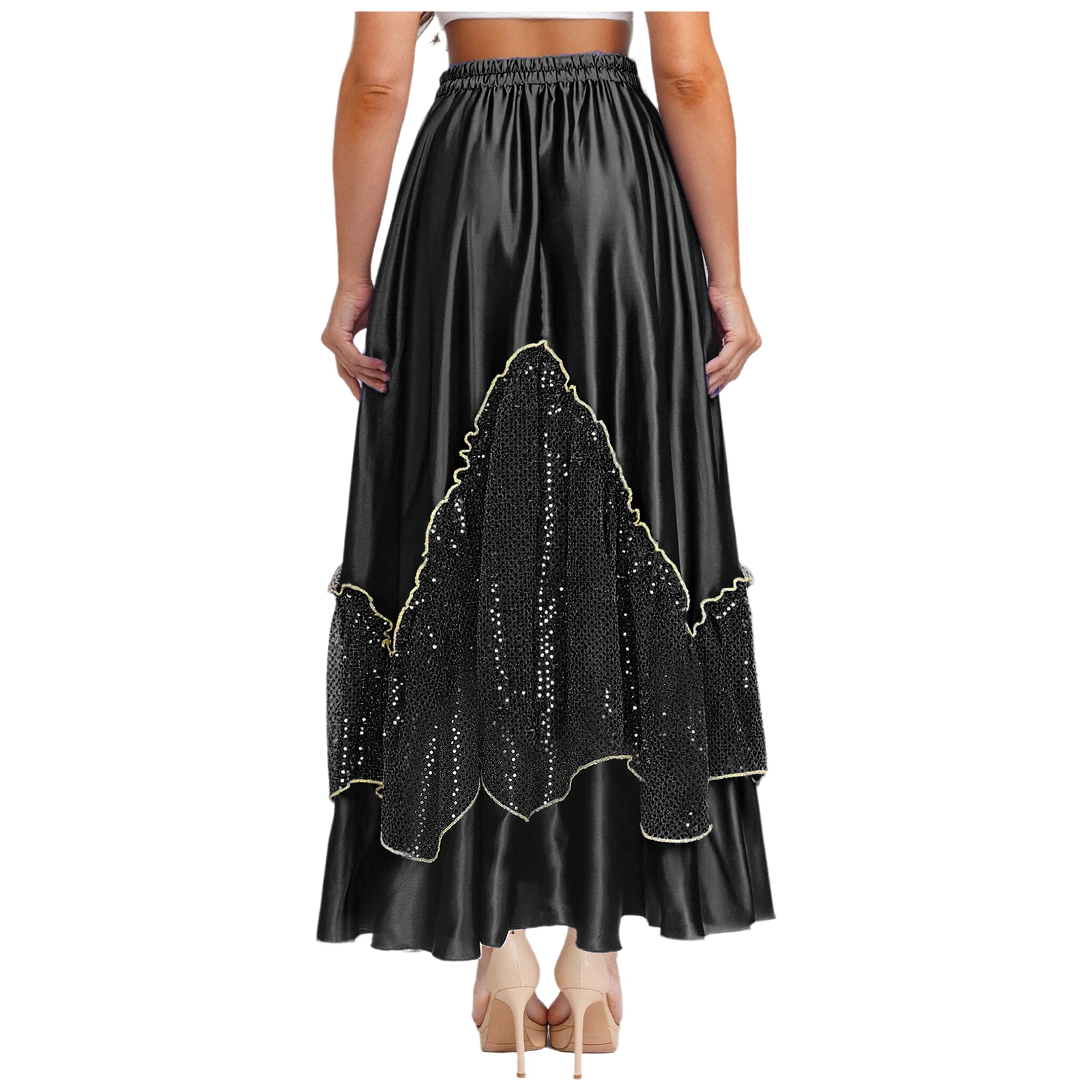 Jupe de danse latine scintillante pour femmes, vêtements de danse flamenco espagnol lyrique, idéal pour les compétitions de danse Salsa Tango et professionnelles