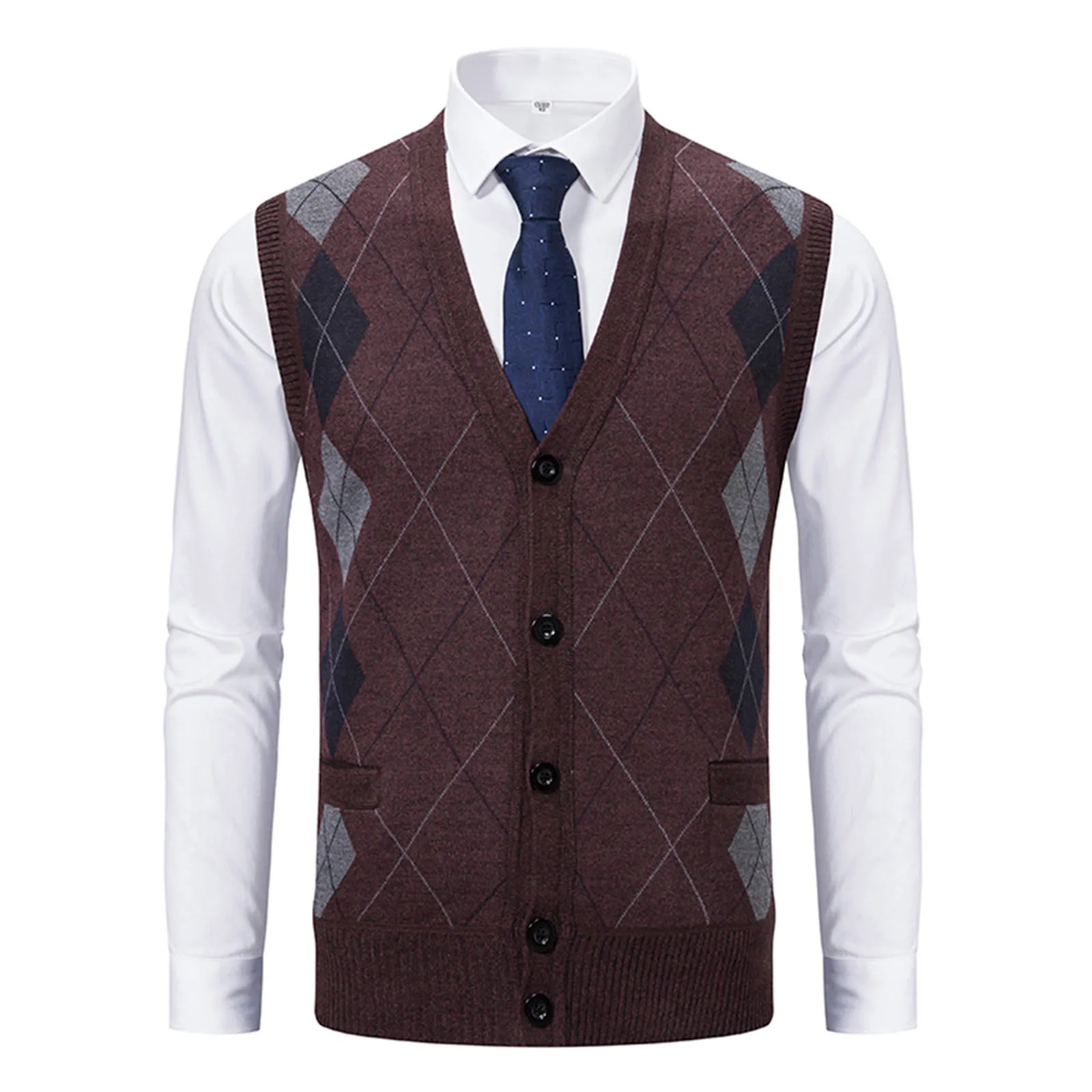 

Men's Fashion Casual Bottoming Shirt Men's Autumn and Winter Printing Padded Pockets Knitted Cardigan Vest Shoulder Waistcoat