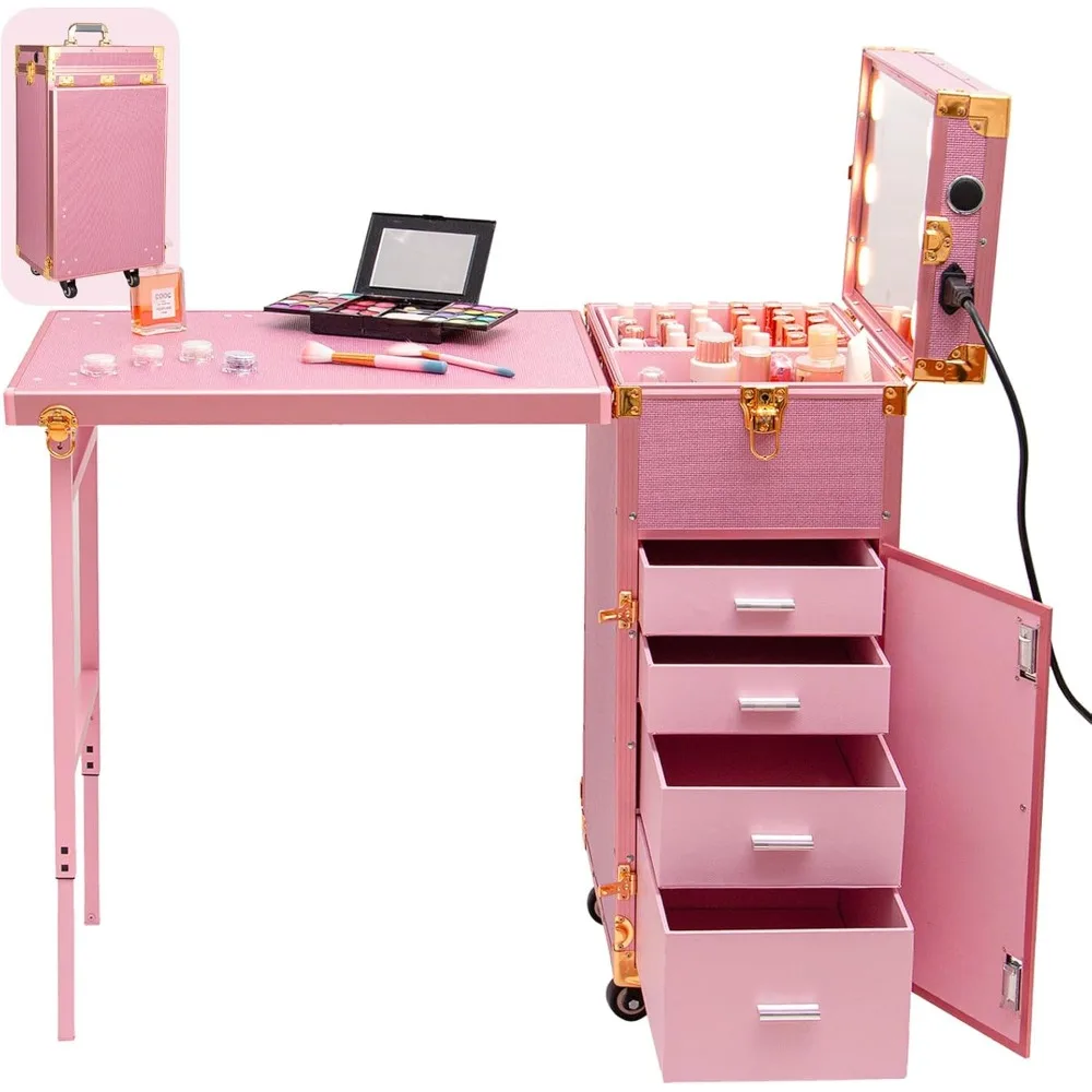 

Portable Rolling Manicure Table Foldable Traveling Nail Desk w/Storage, Makeup Train Case w/Worktable and Mirror