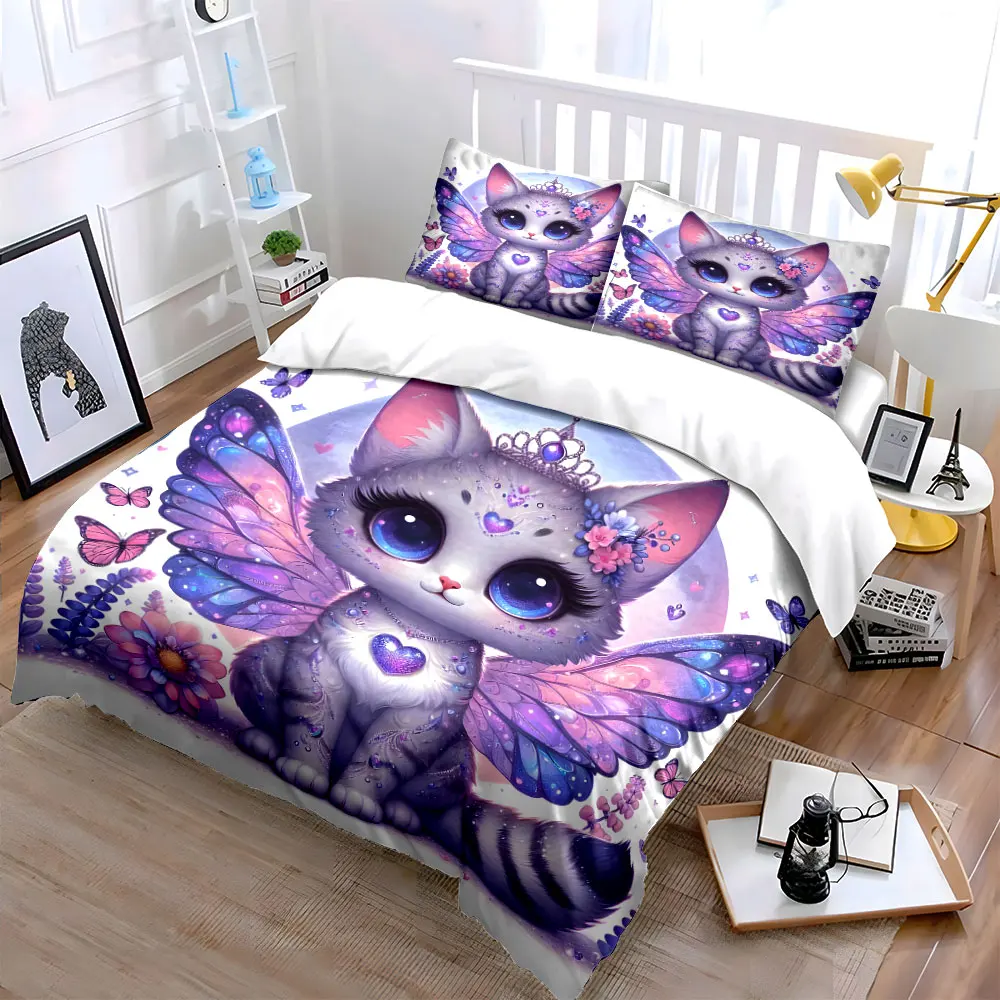 Juego de tres piezas de gatos hadas fantasiosos, perfecto para un ambiente de ensueño y decorativo. Exquisito juego de cama de 3 piezas, regalo para niños y adultos
