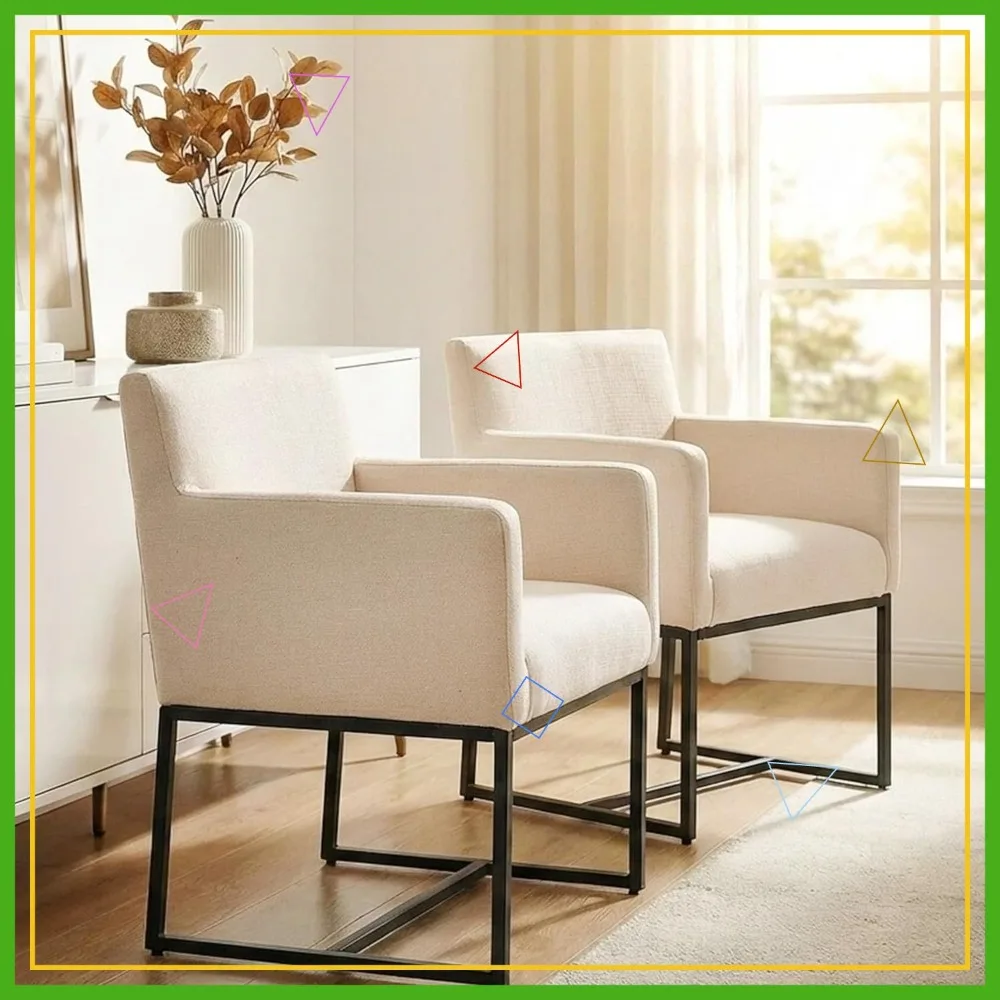 

Современные льняные обеденные стулья с подлокотниками, комплект из 2 штук, черная металлическая рама, обивка кремового цвета, для кухни и ресторана