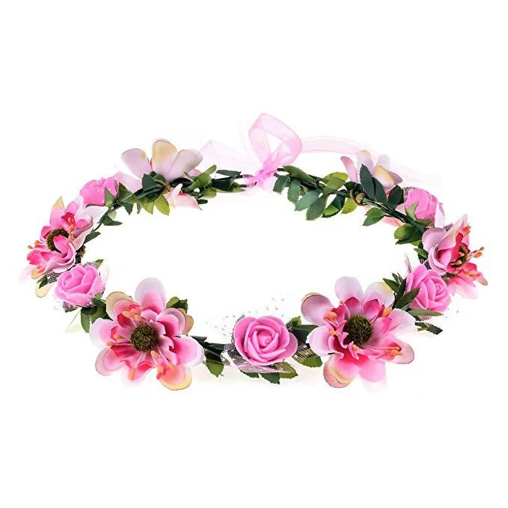 Adjustable Ribbon Flowers Leaves Headbands Girls Floral Wreath Rose Flower Crown Bridal Halo Headpiece Bohemia Garland 2024 New