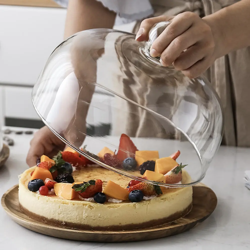 

1 Set Of Wooden Dessert Plate With Handle Transparent Cake Storage Holder For Kitchen Multi-Function Food Accessory Household
