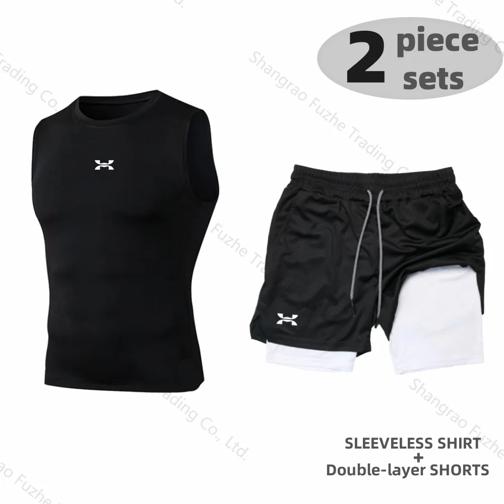 Sports Boxing Sets Basic Sleeveless Shirt+2-in-1 Shorts Sets Gym Compression Quick Drying Training Workout Stretch Skinny Sets